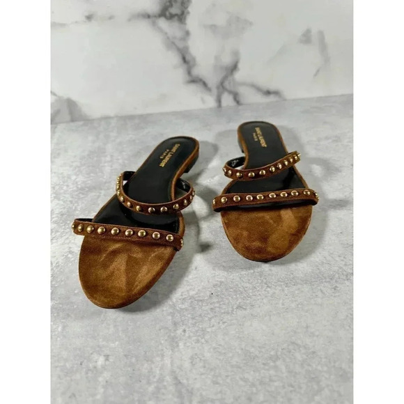 YSL Kiki Brown Suede Gold Studded Sandal Size 10 - Picture 2 of 5